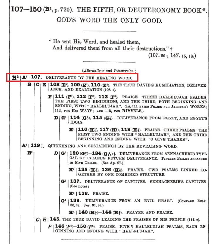Screenshot of the companion reference bible on the structure of Psalms 107 - 150. He sent his word, and healed them, and delivered them from their destructions.