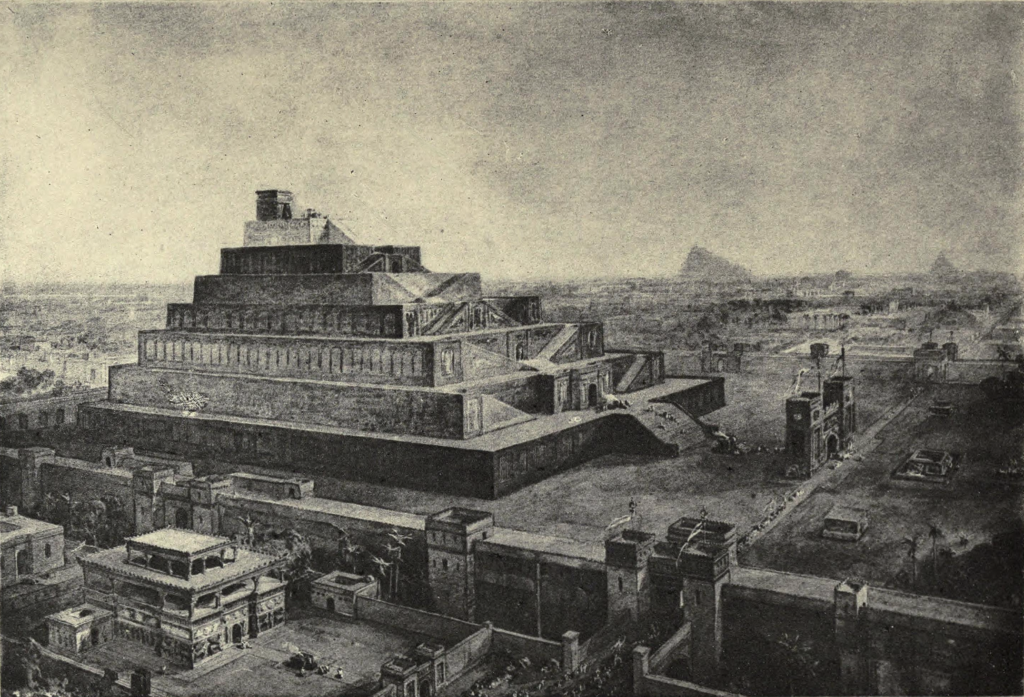 "Bức tường thành Babylon và Đền thờ Bel (Hoặc Babel)" của họa sĩ minh họa thế kỷ 19 William Simpson— bị ảnh hưởng bởi các cuộc điều tra khảo cổ học ban đầu.