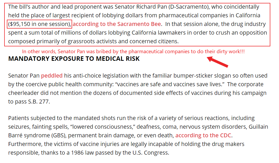 Thượng nghị sĩ Pan of California đã hối lộ bởi các công ty dược phẩm để làm công việc bẩn thỉu của họ dẫn đến tiêm chủng bắt buộc, tạm thời thỏa mãn các công ty dược tham lam với chi phí của dân số.