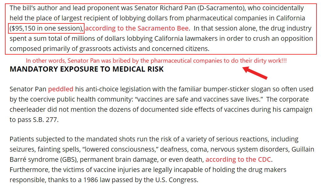 Ang Senador Pan ng California ay pinabagsak ng mga kompanya ng parmasyutiko upang gawin ang kanilang maruming gawain na nagreresulta sa sapilitang pagbabakuna, na pansamantalang nasiyahan ang mga kasakiman ng mga drug company sa kapinsalaan ng populasyon.